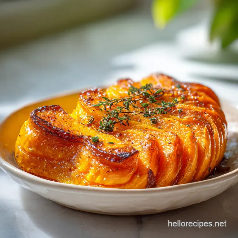 Plated butternut squash pieces, glistening and soft, artfully arranged with a sprinkle of herbs.