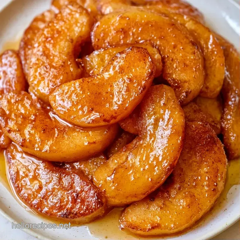 Tender apple wedges arranged in a fan on a white plate, dusted with cinnamon and garnished with a mint leaf.