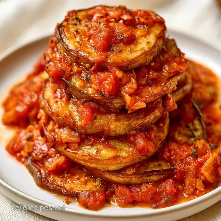 Slices of tender eggplant topped with golden-brown cheese and red sauce on a white ceramic plate with basil leaves.