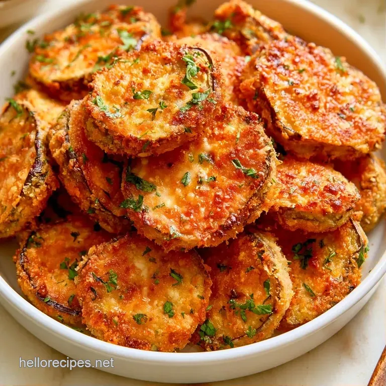 Toasted vegetable rounds with bubbly gold cheese arranged on a white platter, garnished with fresh herbs and lemon.