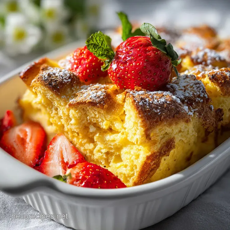 A generous slice of baked French toast, golden brown with a soft center, topped with berries.