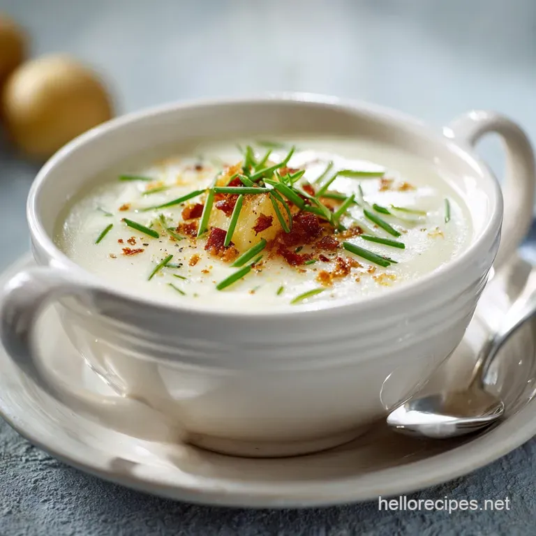 Elegant presentation of steaming potato soup, swirled with cream and topped with vibrant green chives in a rustic bowl.