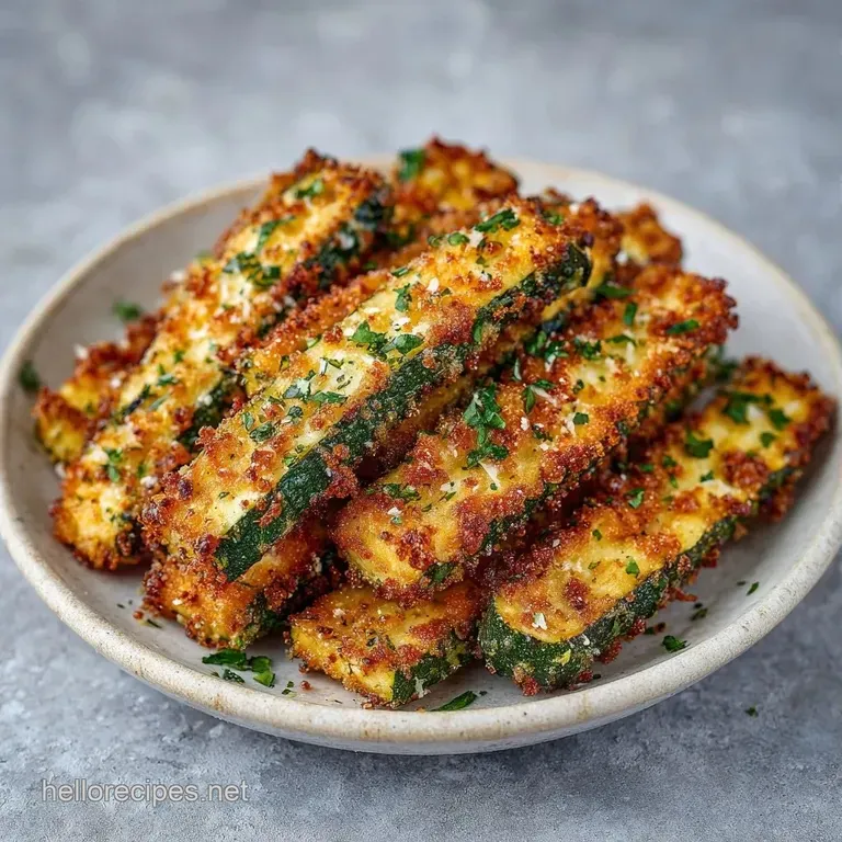 Neatly stacked breaded green vegetable strips beside a small bowl of creamy garlic aioli and a sprig of parsley.