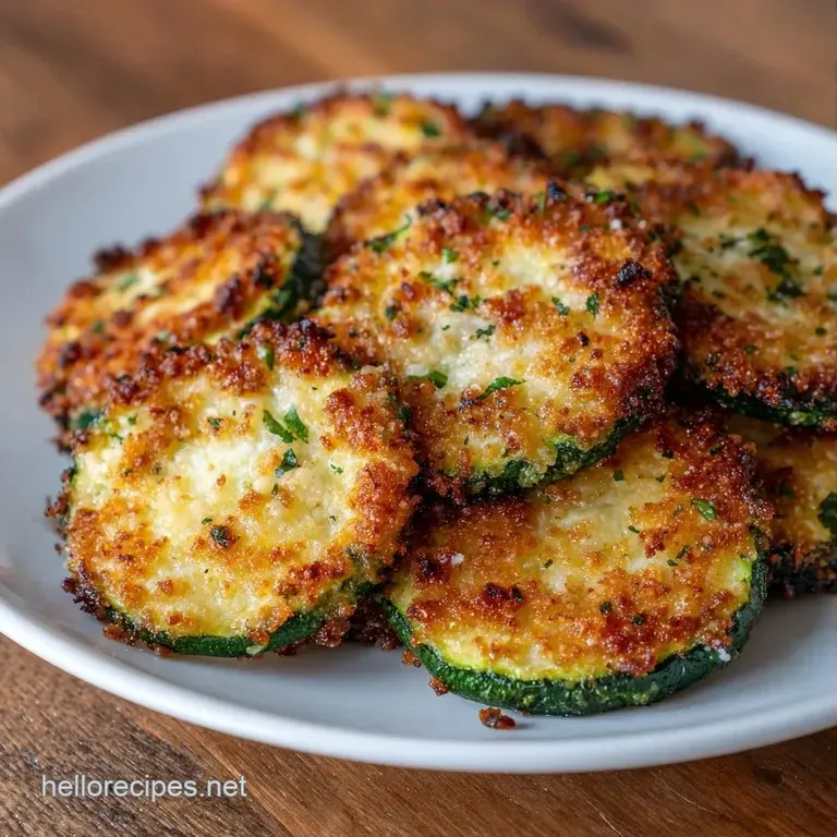 Neatly stacked green vegetable rounds topped with crisp golden cheese on a white porcelain plate with a parsley sprig.