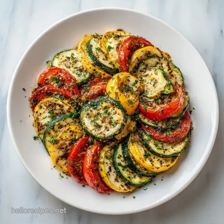 Golden-roasted squash slices arranged in a tight spiral within a white ceramic dish, garnished with fresh parsley.