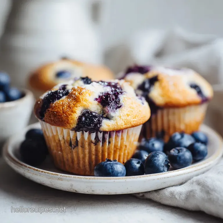 A trio of perfectly domed blueberry muffins, artfully arranged on a rustic wooden board.