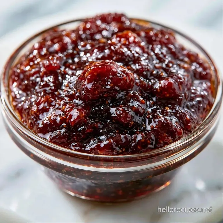 Glossy dark purple jam spread on a crisp toasted baguette slice beside a wedge of creamy white brie cheese.