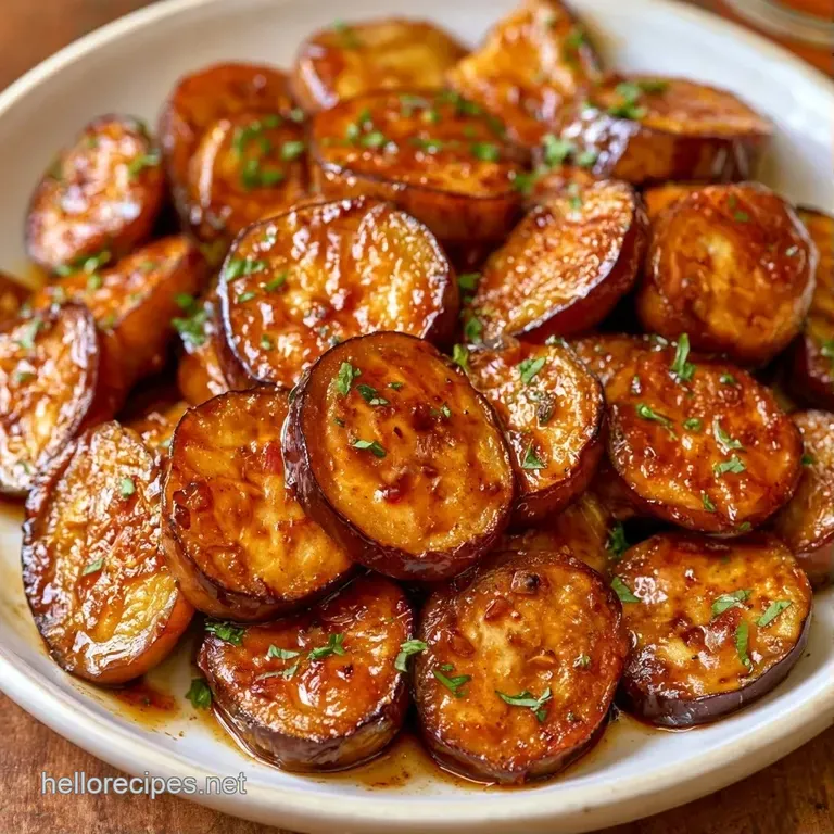 Tender roasted purple eggplant with a dark glaze and fresh green parsley arranged on a minimalist stone plate.