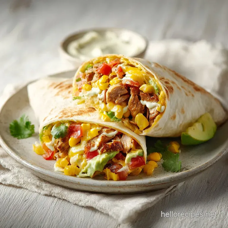 Plated burrito cut in half, showcasing vibrant ingredients and a swirl of tangy, pale sauce.