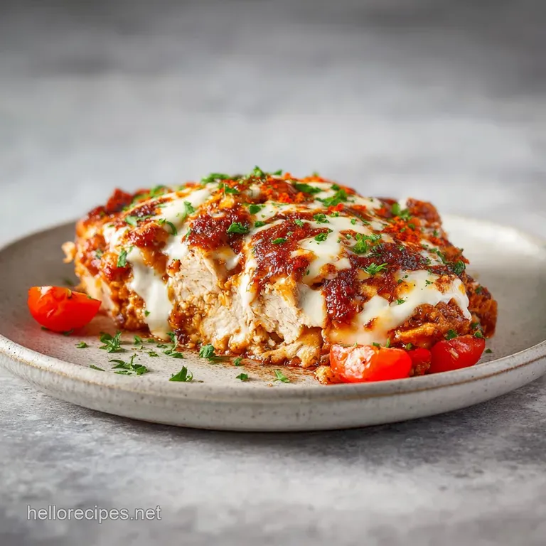 A generous scoop of creamy, shredded chicken casserole garnished with fresh chives on a white plate.