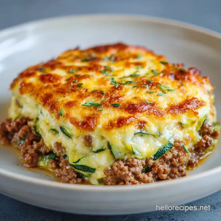 A square slice of savory meat and vegetable casserole on a white plate, garnished with a fresh parsley sprig.