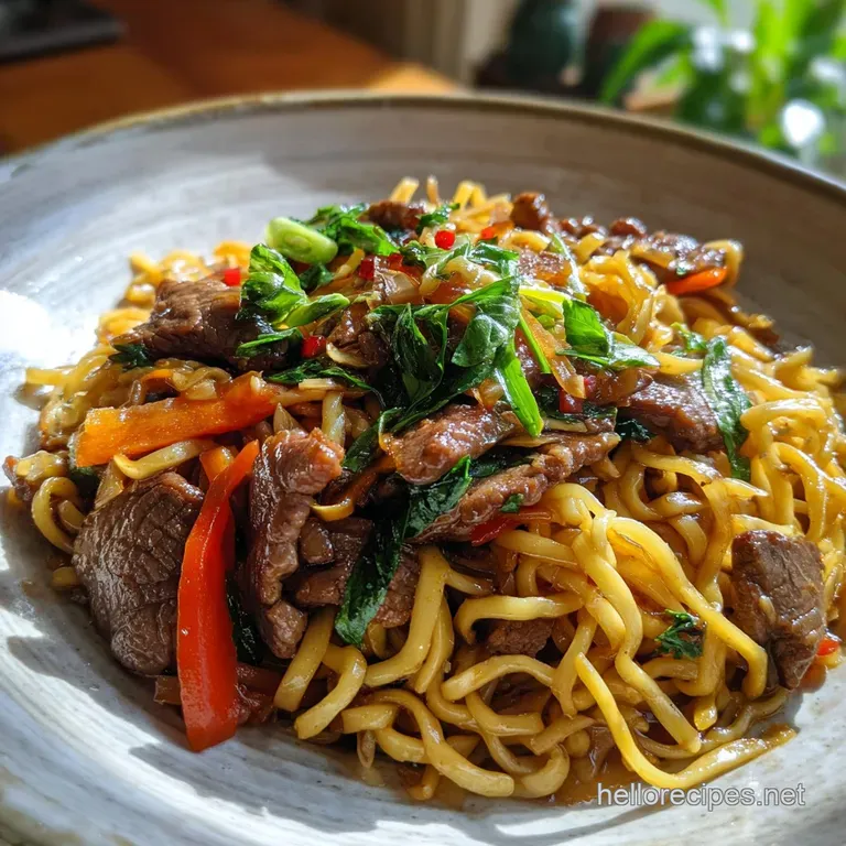 Crispy noodles artfully arranged beside tender beef strips. A scattering of sesame seeds and scallions adds texture and vi...
