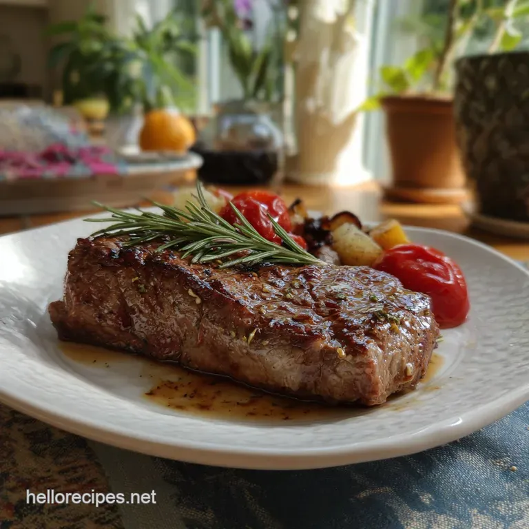 Perfectly sliced steak fanned across a white plate. Garnished with fresh rosemary and a sprinkle of flaky sea salt.