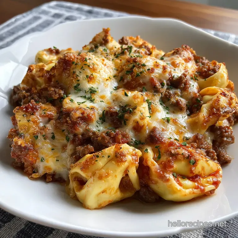 A single, saucy serving of beefy tortellini bake, glistening with melted cheese and garnished with vibrant, fresh parsley....