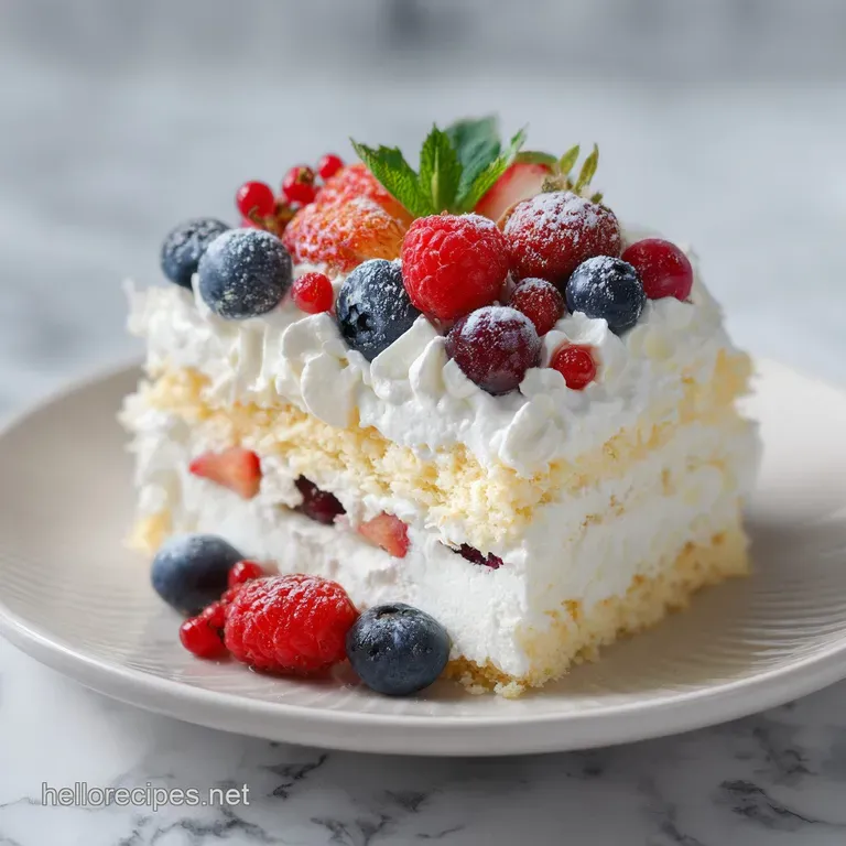A neat slice of fluffy white cake with airy cream frosting on a white porcelain plate beside a single fresh raspberry