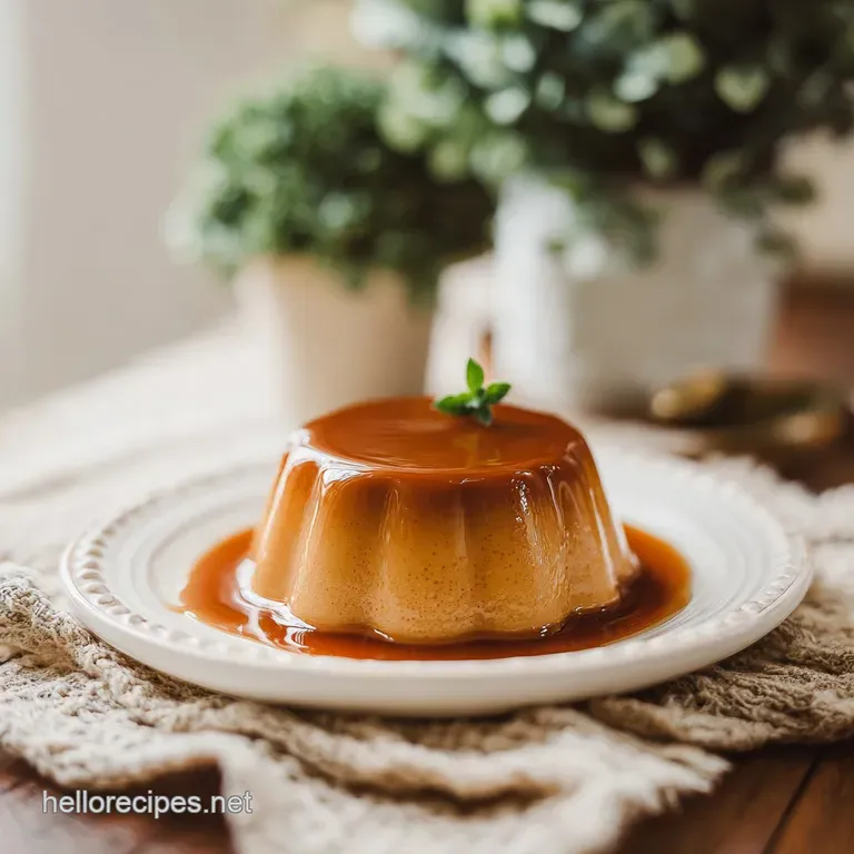 Melted caramel sauce drizzled artfully over a stack of golden caramel squares on a white plate.
