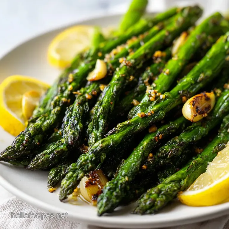 Neatly aligned green asparagus spears on a white plate, topped with lemon slices and delicate parmesan shavings.