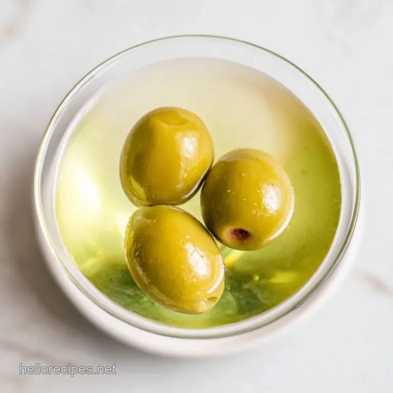 Elegant chilled cocktail glass with a cloudy, translucent drink and green olives on a sleek, reflective surface.