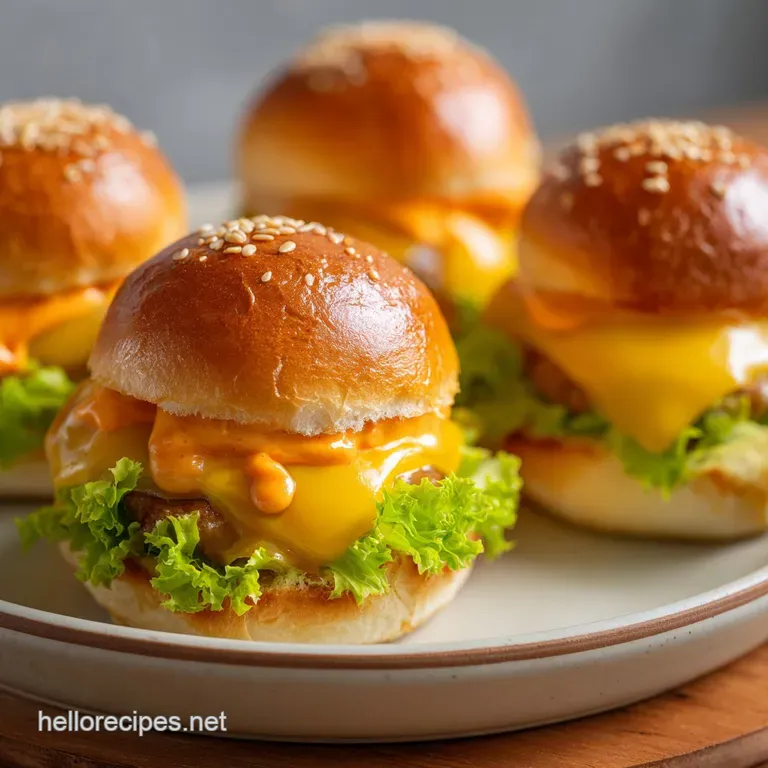 A neat arrangement of mini cheeseburgers on a dark slate platter, paired with a side of crispy golden fries.