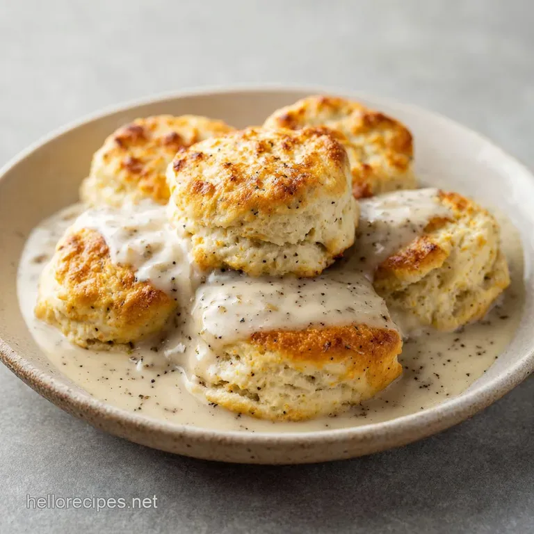 A slice of flaky golden pastry over thick creamy sausage gravy in a white bowl with a sprinkle of fresh parsley.