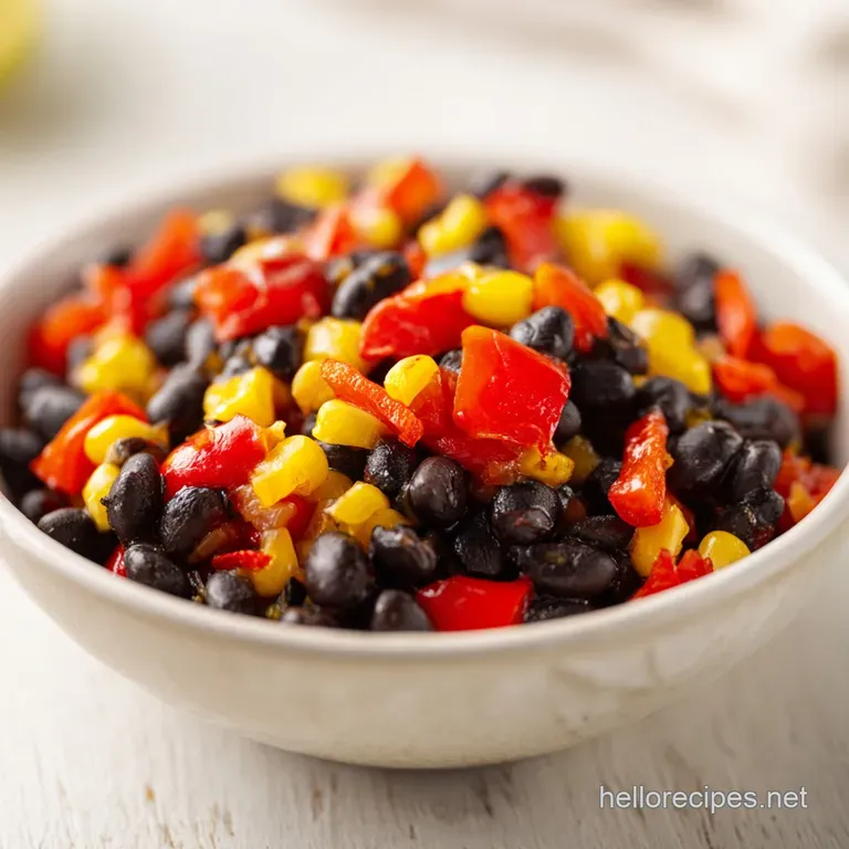 Hearty black beans and gold corn served in a white ceramic bowl, topped with a lime wedge and a sprig of fresh parsley.