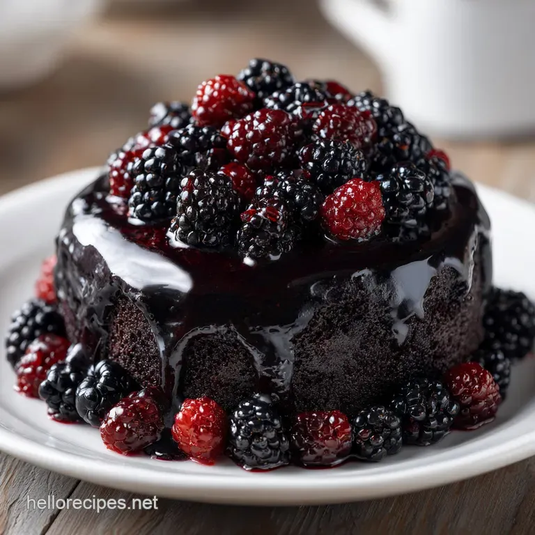 A slice of deep violet cake on a white ceramic plate with a swirl of dark berry sauce and fresh blackberries.