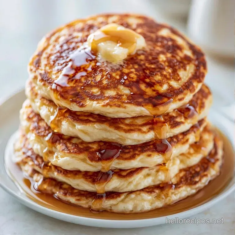 Neatly stacked golden cakes on a ceramic plate, accented by fresh raspberries and a drizzle of glistening syrup.