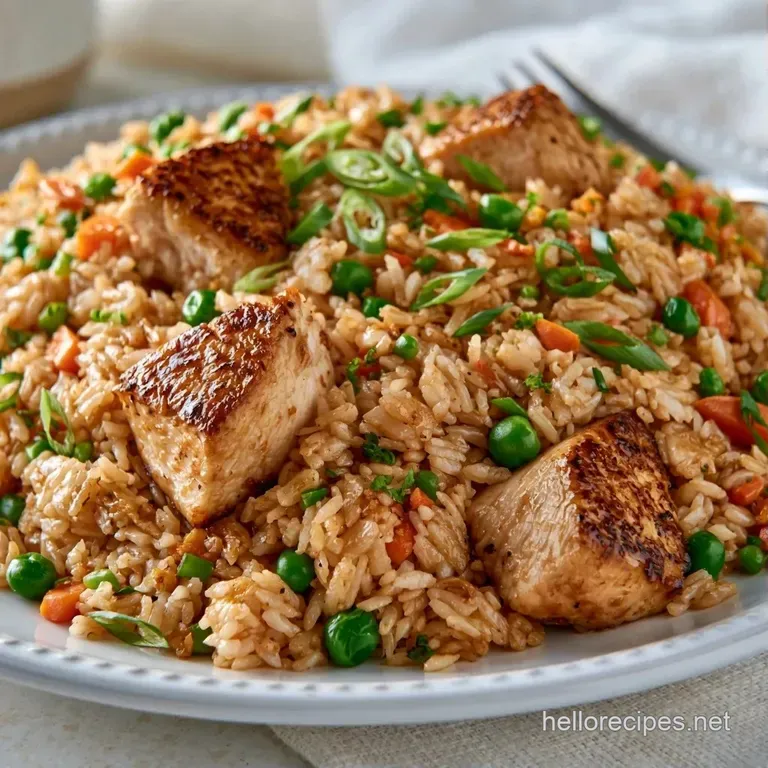 Glistening rice with charred chicken and colorful veggies piled in a modern bowl, garnished with fresh green scallions.