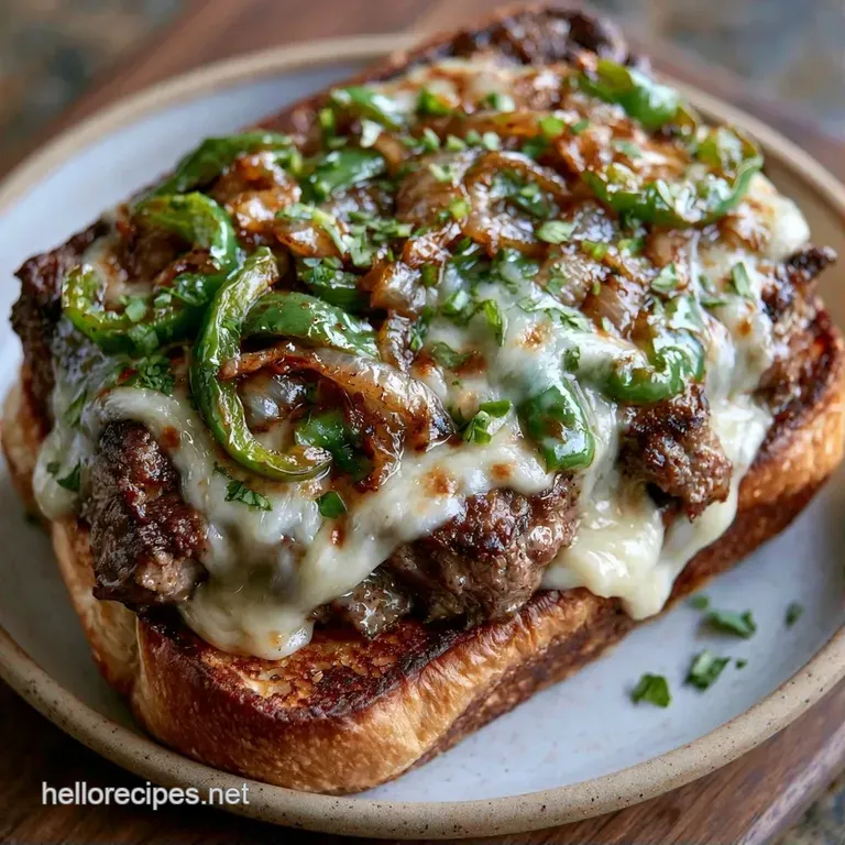 Toasted baguette filled with seared beef and gooey cheese, served on a wooden board with a side of crisp fries.