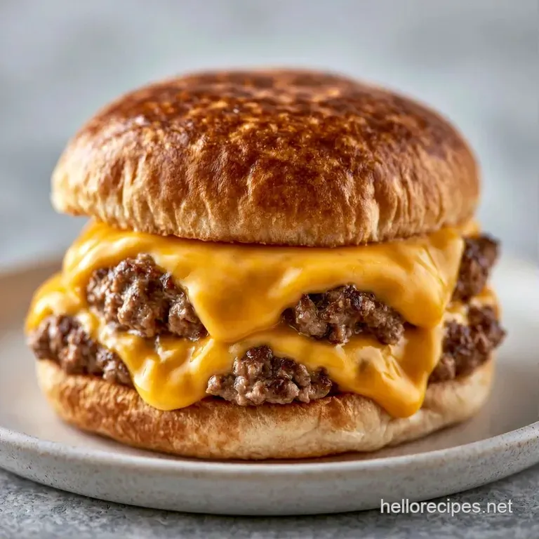 Three thin beef patties with melted cheese stacked on toasted buns beside a pile of golden, crispy french fries.