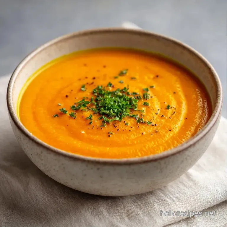 Velvety orange soup in a shallow ceramic bowl beside a toasted sourdough slice and a linen napkin on a wooden table.