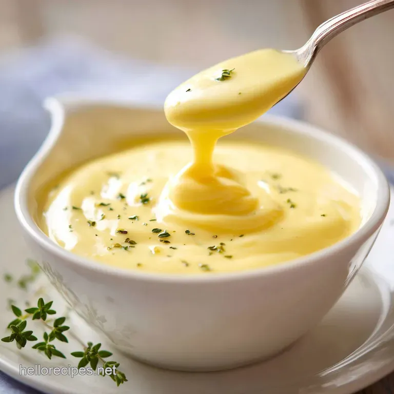 Silky yellow sauce drizzled over a perfectly poached egg and steamed asparagus on a clean white ceramic plate.