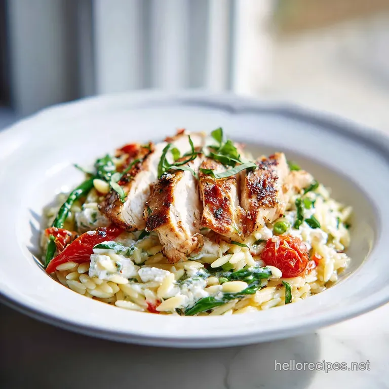 Golden-brown chicken breast nestled on a bed of glistening, creamy orzo, garnished with vibrant green herbs and cracked bl...