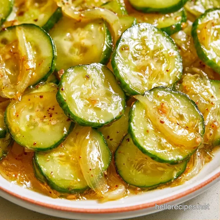 Slices of bright yellow pickled cucumbers artfully arranged on a slate board with fresh herbs and peppercorns.