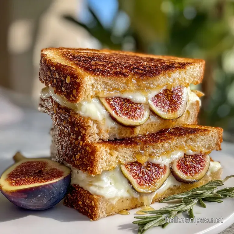 Warm grilled cheese sandwich with fig, cut to reveal gooey melted cheese. Garnished with thyme sprigs on a white plate.