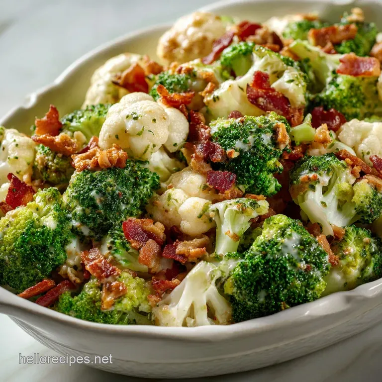 Broccoli cauliflower salad in a white bowl, garnished with fresh parsley. Bacon pieces add savory touch to the creamy, col...