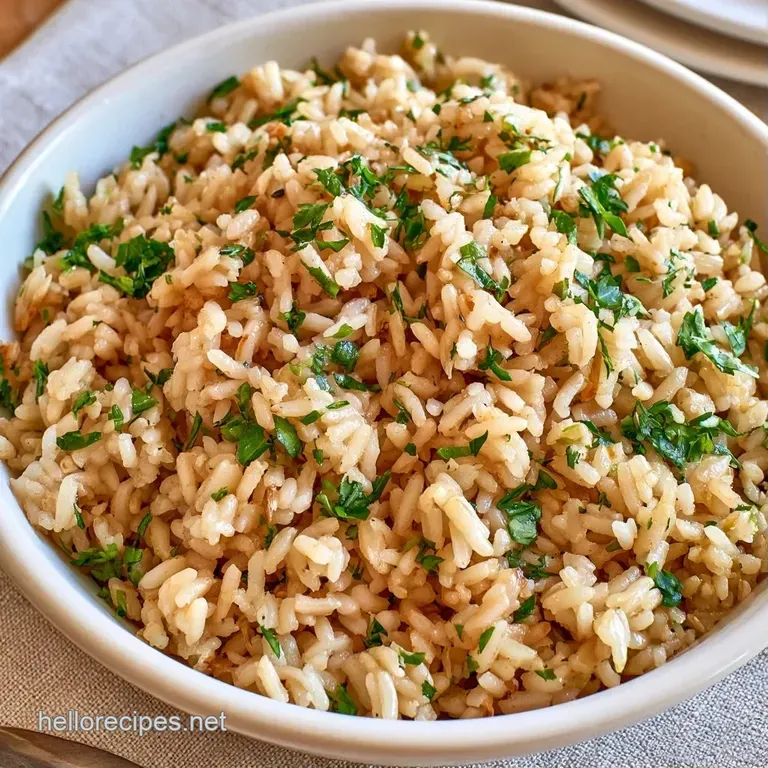 A steaming heap of toasted brown rice grains garnished with bright green parsley in a shallow ceramic bowl.