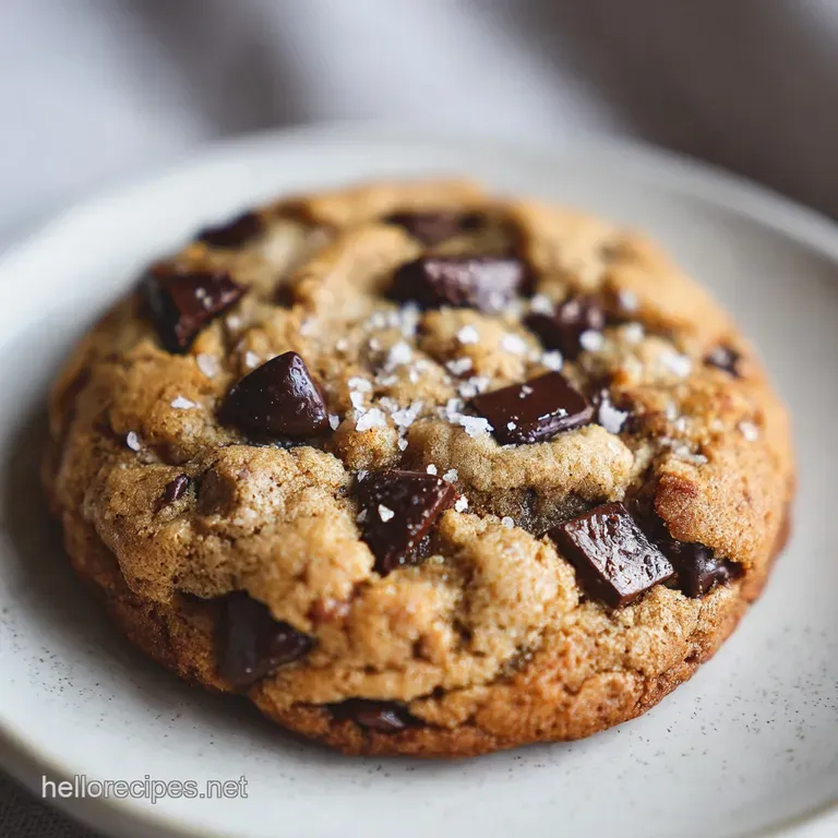 Warm, chewy cookie broken in half revealing gooey chocolate chips. Streaks of browned butter add richness.