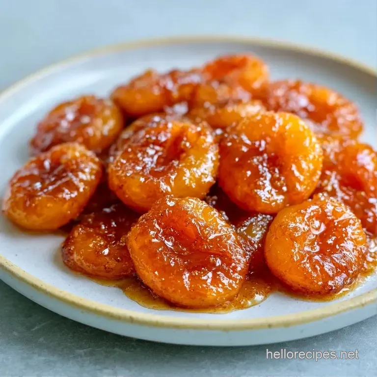 Tender golden fruit halves swimming in a thick, amber syrup on a minimalist white plate with a sprig of mint.