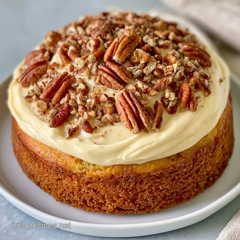 A slice of moist sponge cake with buttery frosting and toasted nuts, plated with a drizzle of caramel and a mint leaf.