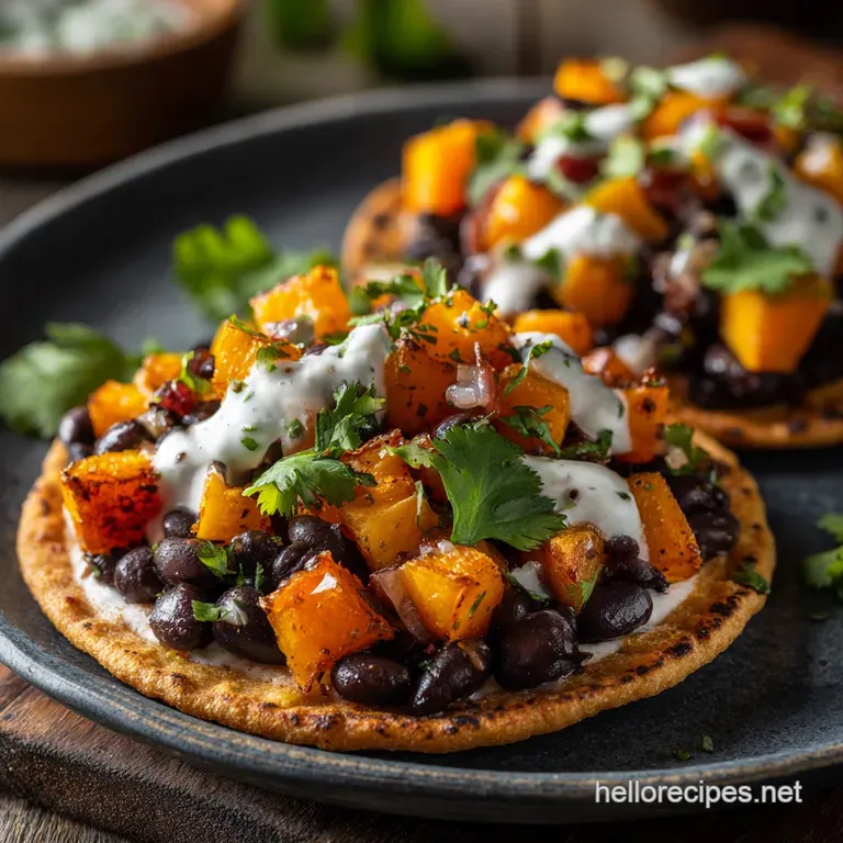Pita Tostadas with Butternut Squash Black Beans Av Golden Crisps with Zesty Avocado Crema