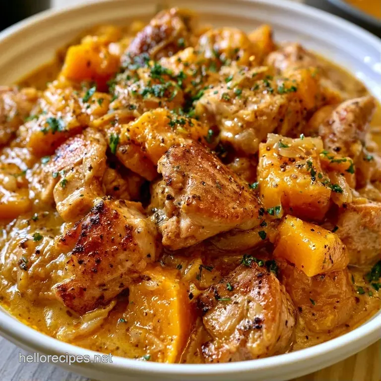 A rustic ceramic bowl filled with thick orange stew, topped with fresh parsley and served with crusty bread.