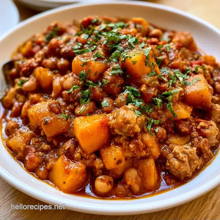 A rustic bowl of thick orange stew topped with a dollop of white cream and a sprinkle of bright green cilantro.