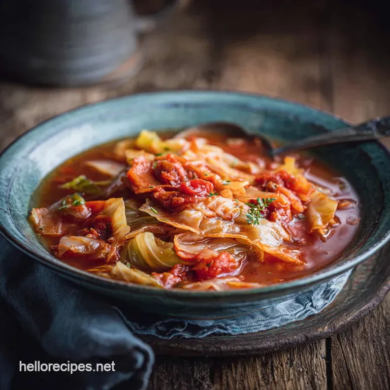 Steaming cabbage roll soup in a rustic bowl, topped with fresh parsley and a dollop of sour cream, hints of vibrant tomatoes.