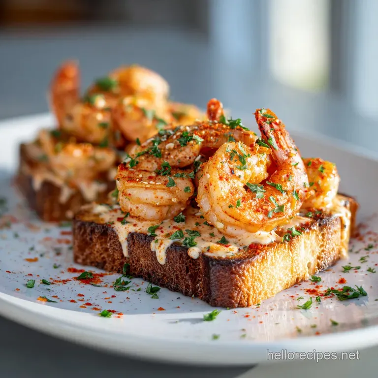 A delightful plate of spicy Cajun shrimp on crispy bread. The bright dish with a lemon wedge is ready to be enjoyed.