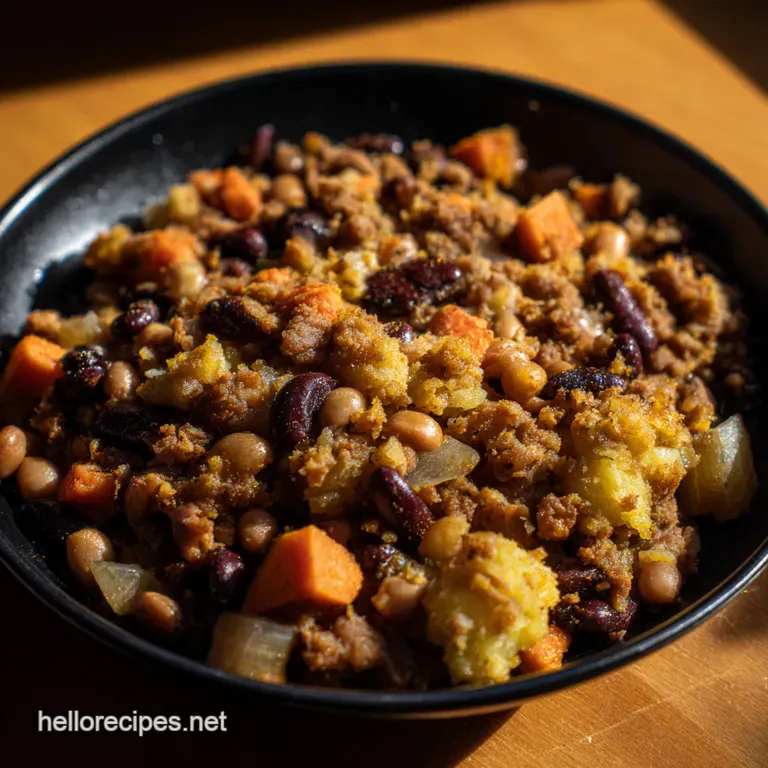 CajunSpiced Kidney Bean Stew with Bubble Squeak presentation