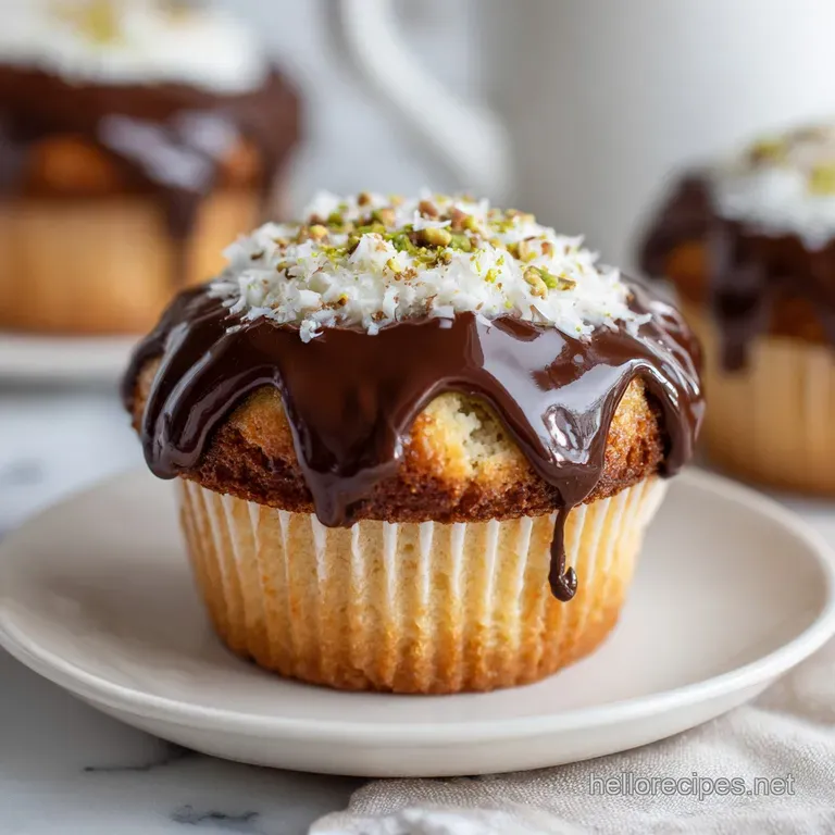 Elegant chocolate-dipped cupcake with vibrant ricotta cream, served on a white plate dusted with cocoa powder.