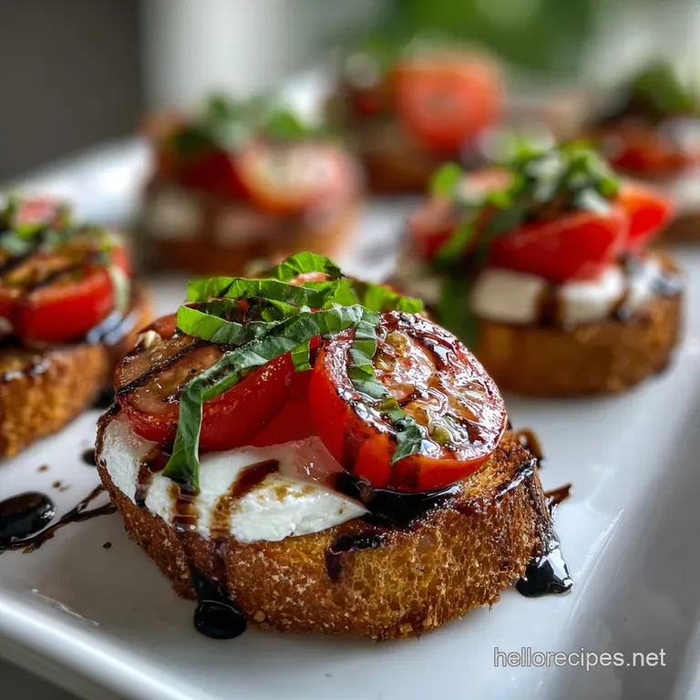 Elegant platter featuring Caprese bruschetta; toasted bread, bright tomato, milky mozzarella, and basil creates fresh, sum...