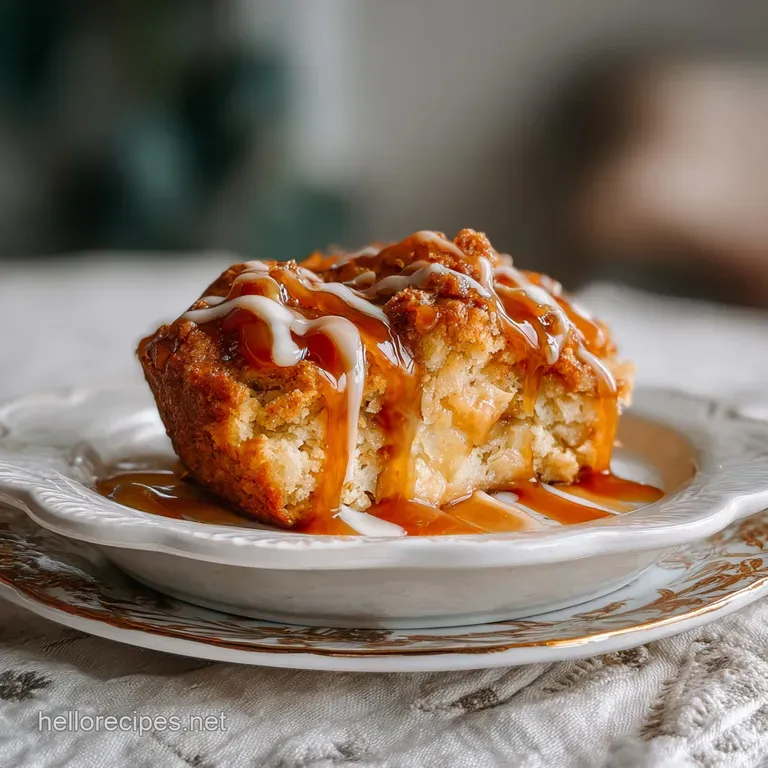 Warm slice of caramel apple cake on a white plate, drizzled with caramel, and a scoop of melting vanilla ice cream.