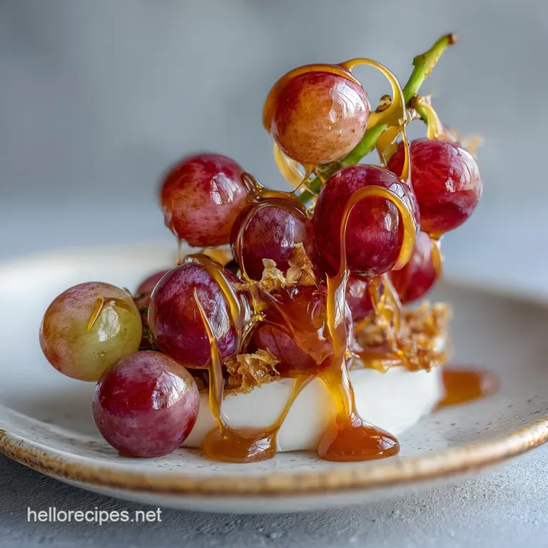 Caramelized grapes glisten on a delicate dessert plate. Autumn-inspired indulgence without added sugar, a sophisticated, b...